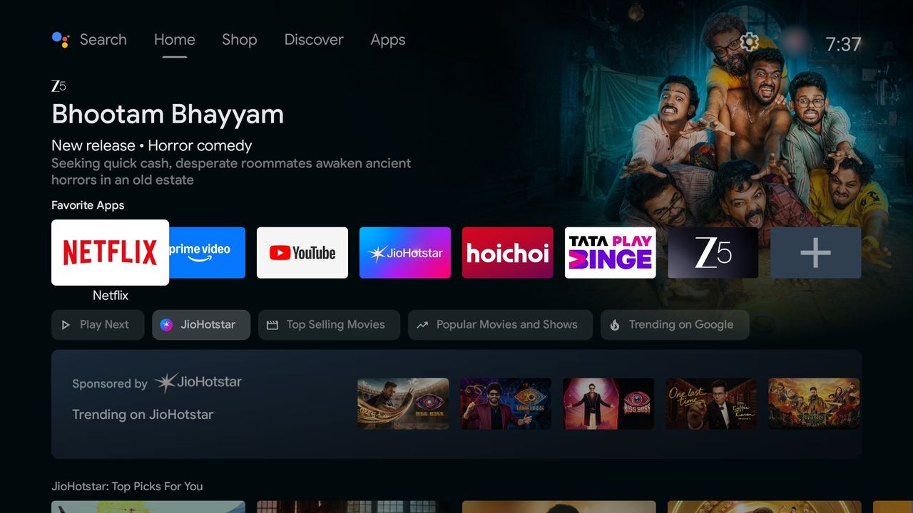 Stock Android TV home with recommendation rows